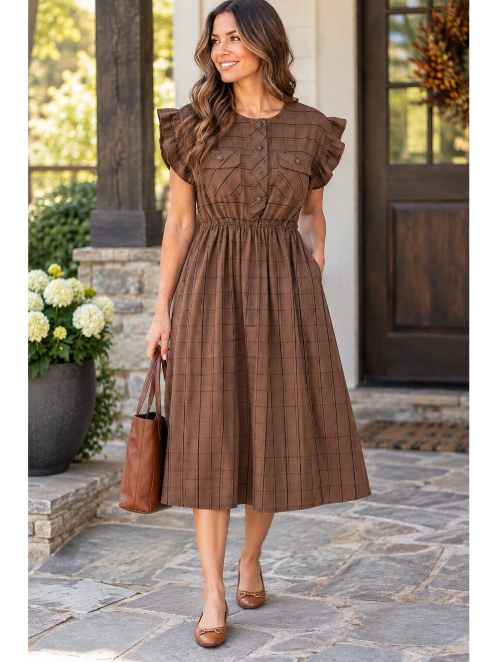 Ces Femme Womens L Brown Plaid Midi Dress Ruffle Sleeve Elastic Waist Boho
